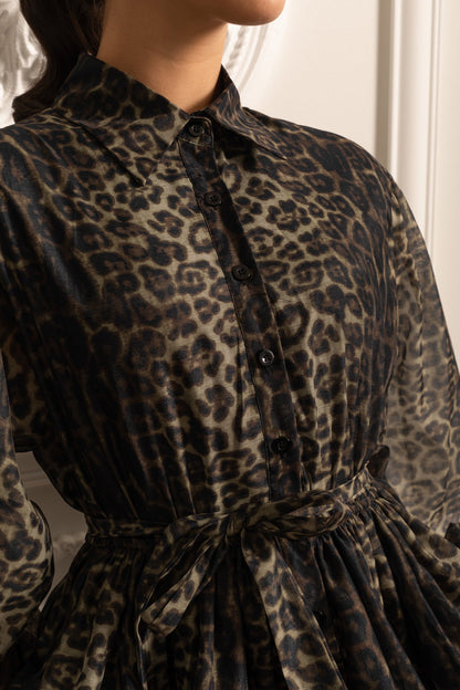 Vestido de Manga Longa com Padrão de Leopardo e Saia em Camadas - Preto