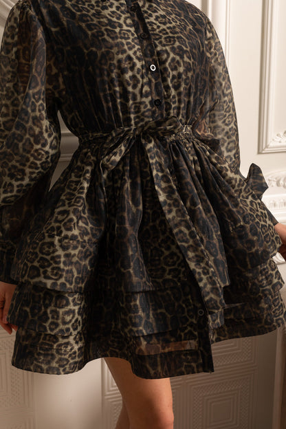 Vestido de Manga Longa com Padrão de Leopardo e Saia em Camadas - Preto