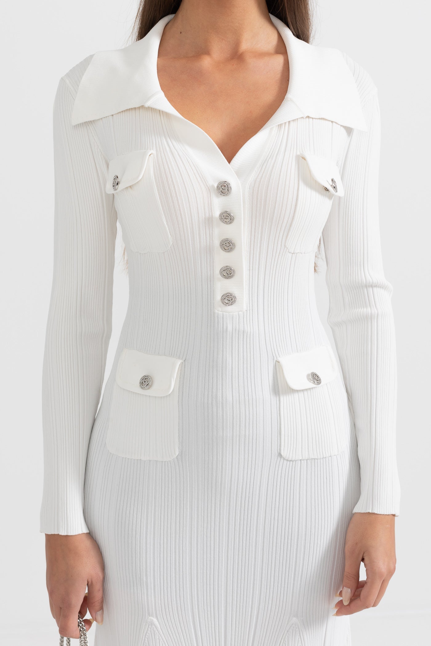 Vestido Elegante Canelado Com Mangas Longas - Branco