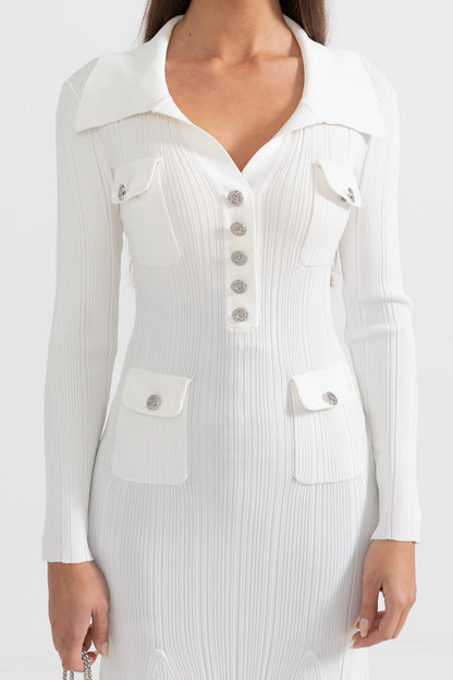 Vestido Elegante Canelado Com Mangas Longas - Branco