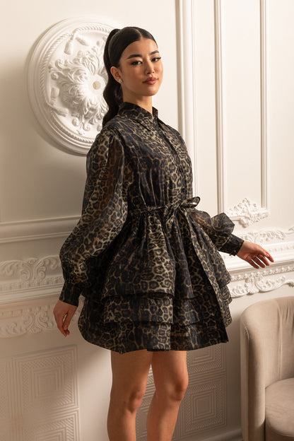 Vestido de Manga Longa com Padrão de Leopardo e Saia em Camadas - Preto