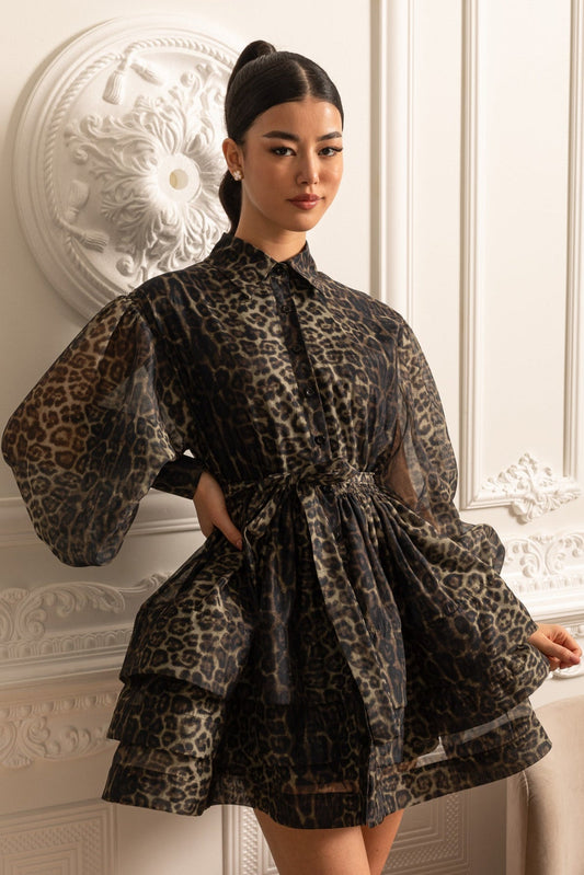 Vestido de Manga Longa com Padrão de Leopardo e Saia em Camadas - Preto