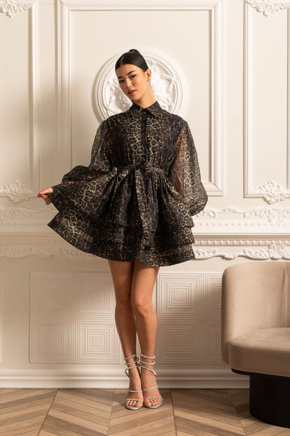 Vestido de Manga Longa com Padrão de Leopardo e Saia em Camadas - Preto