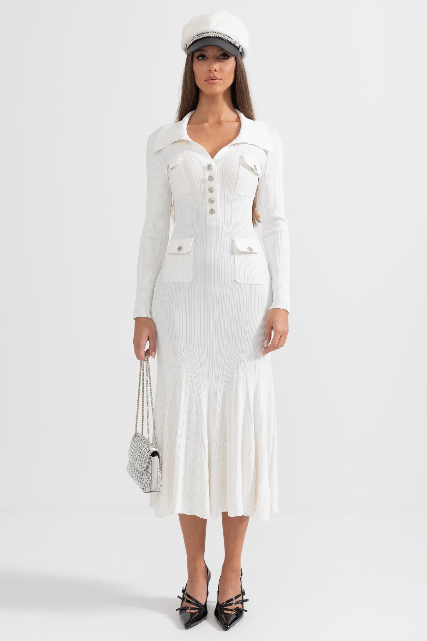 Vestido Elegante Canelado Com Mangas Longas - Branco