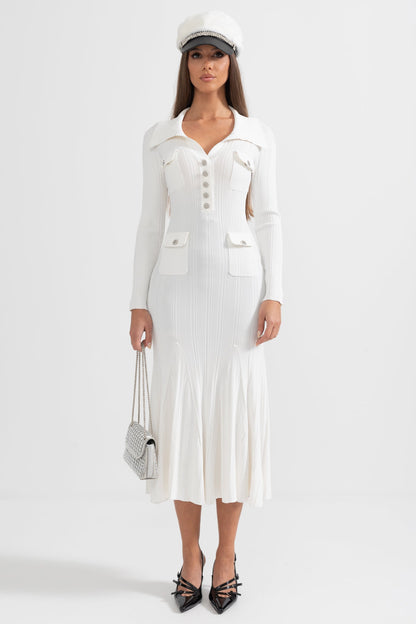 Vestido Elegante Canelado Com Mangas Longas - Branco
