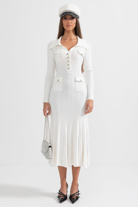 Vestido Elegante Canelado Com Mangas Longas - Branco