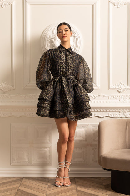 Vestido de Manga Longa com Padrão de Leopardo e Saia em Camadas - Preto