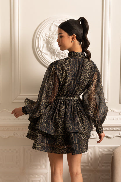 Vestido de Manga Longa com Padrão de Leopardo e Saia em Camadas - Preto