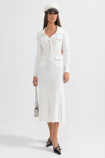 Vestido Elegante Canelado Com Mangas Longas - Branco