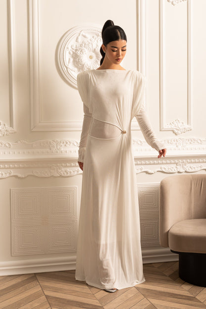 Vestido Elegante de Manga Longa em Camadas com Ombros Estruturados - Branco