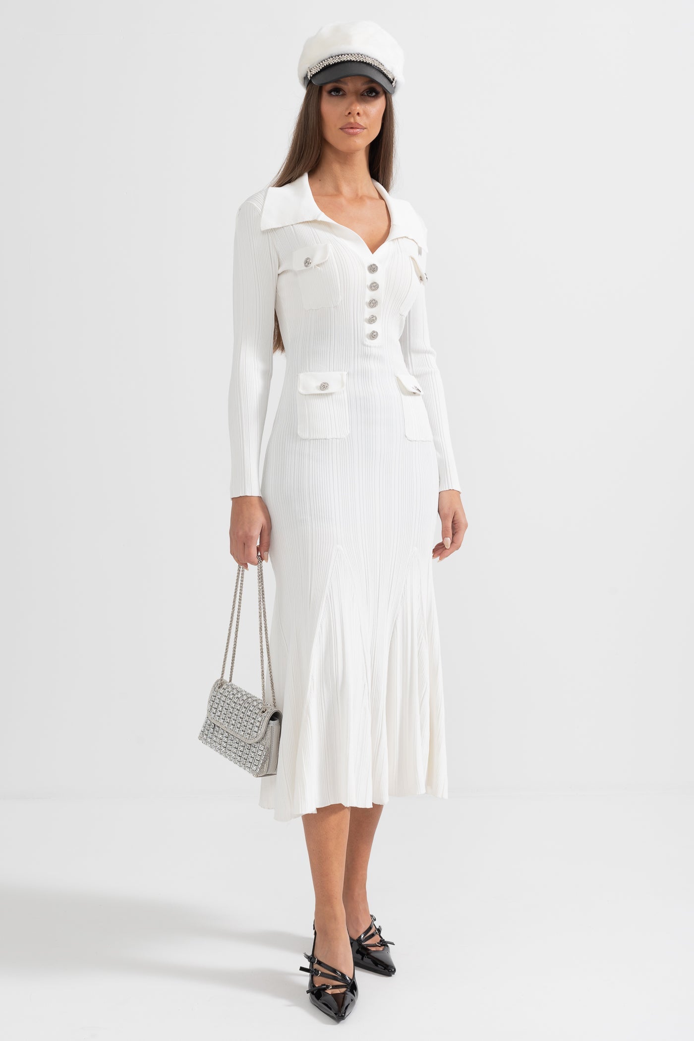 Vestido Elegante Canelado Com Mangas Longas - Branco