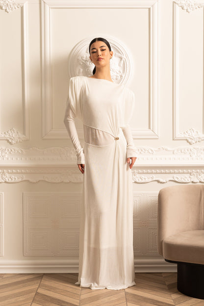 Vestido Elegante de Manga Longa em Camadas com Ombros Estruturados - Branco