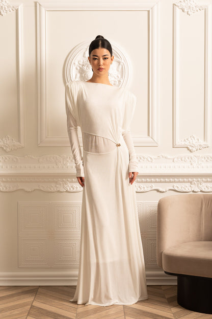Vestido Elegante de Manga Longa em Camadas com Ombros Estruturados - Branco