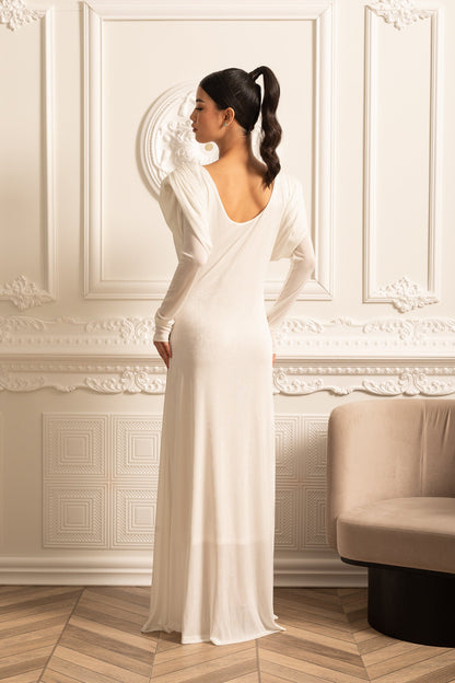 Vestido Elegante de Manga Longa em Camadas com Ombros Estruturados - Branco