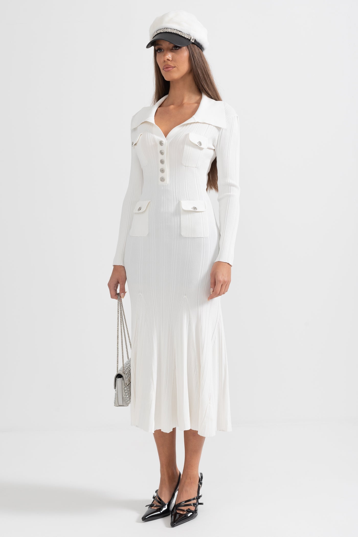 Vestido Elegante Canelado Com Mangas Longas - Branco