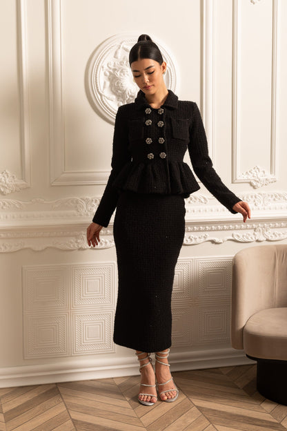 Vestido de Malha Texturizado com Cintura Peplum e Botões Decorativos - Preto