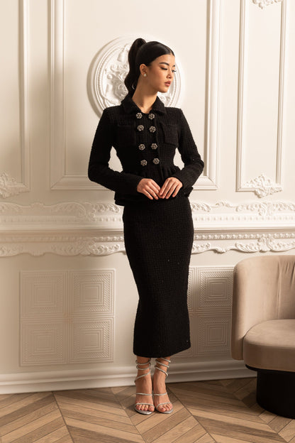 Vestido de Malha Texturizado com Cintura Peplum e Botões Decorativos - Preto