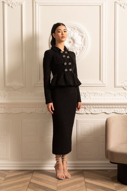 Vestido de Malha Texturizado com Cintura Peplum e Botões Decorativos - Preto