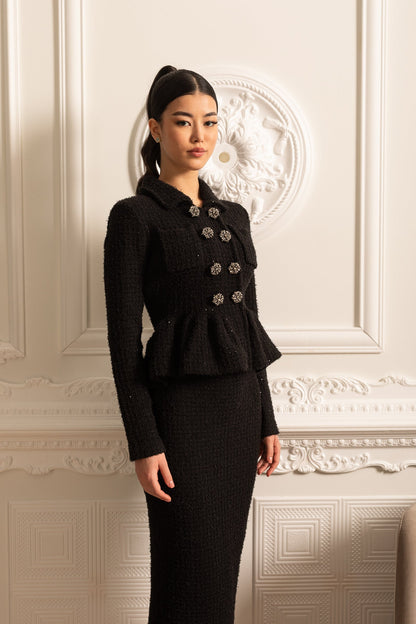 Vestido de Malha Texturizado com Cintura Peplum e Botões Decorativos - Preto