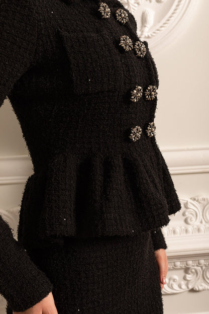 Vestido de Malha Texturizado com Cintura Peplum e Botões Decorativos - Preto