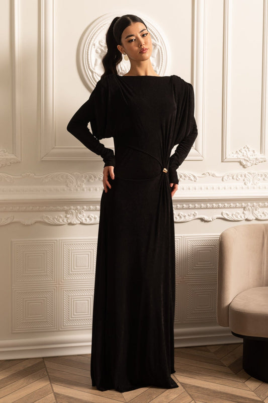 Vestido Elegante de Manga Longa em Camadas com Ombros Estruturados - Preto