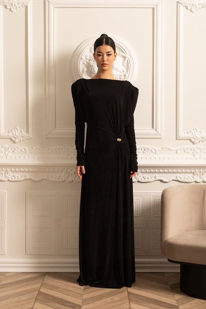 Vestido Camadas Elegante de Manga Longa com Ombros Estruturados - Preto