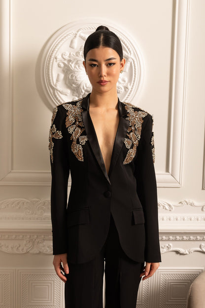 Conjunto Elegante Com Blazer Decorado Com Diamantes E Calças Longas Largas Coordenadas - Preto