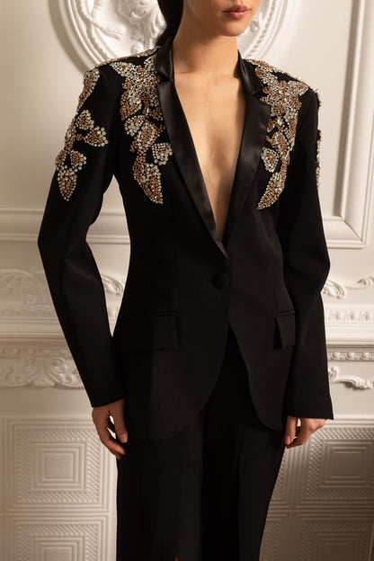 Conjunto Elegante Com Blazer Decorado Com Diamantes E Calças Longas Largas Coordenadas - Preto