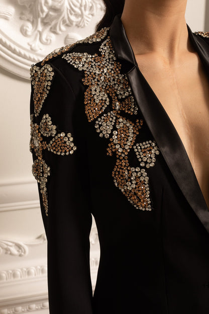 Conjunto Elegante Com Blazer Decorado Com Diamantes E Calças Longas Largas Coordenadas - Preto