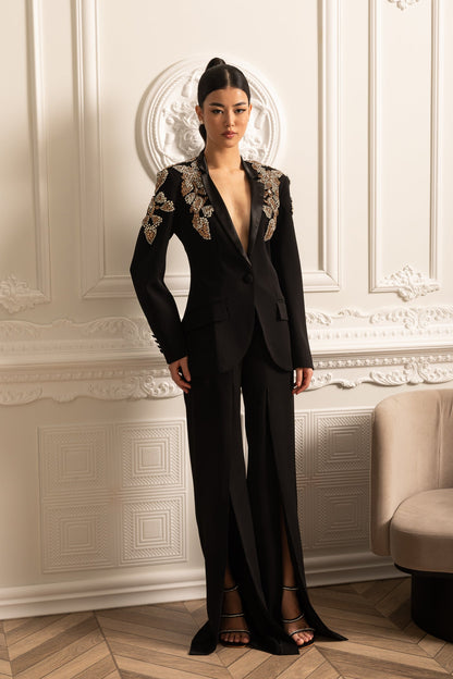 Conjunto Elegante Com Blazer Decorado Com Diamantes E Calças Longas Largas Coordenadas - Preto