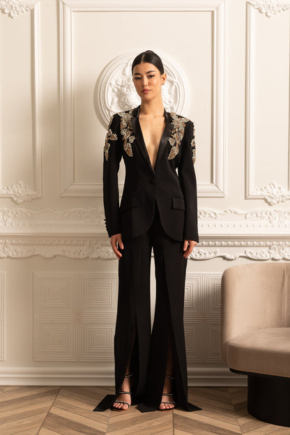 Conjunto Elegante Com Blazer Decorado Com Diamantes E Calças Longas Largas Coordenadas - Preto