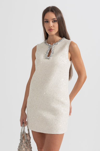 Vestido Mini Texturizado Sem Mangas com Detalhes de Colar Brilhante - Ivoire