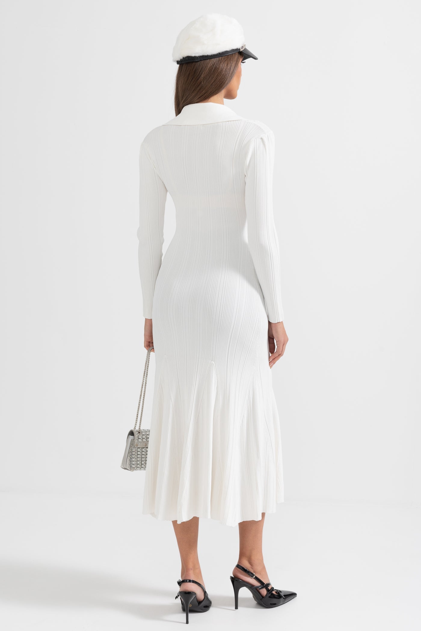 Vestido Elegante Canelado Com Mangas Longas - Branco