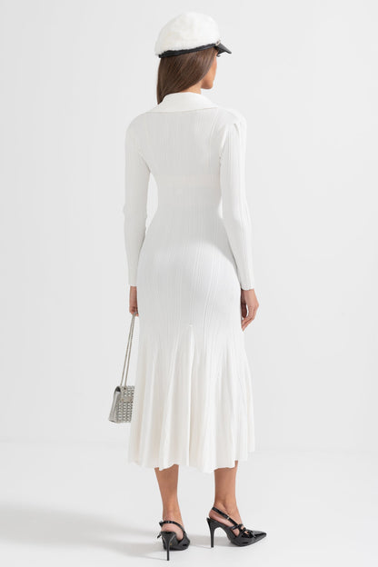 Vestido Elegante Canelado Com Mangas Longas - Branco