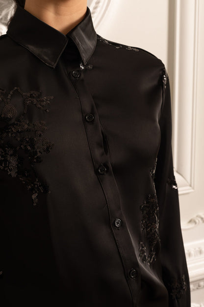 Conjunto de Cetim com Lantejoulas e Camisa de Manga Longa com Calças Coordenadas - Preto