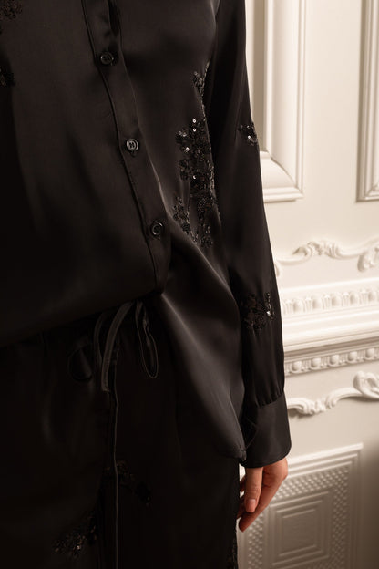 Conjunto de Cetim com Lantejoulas e Camisa de Manga Longa com Calças Coordenadas - Preto