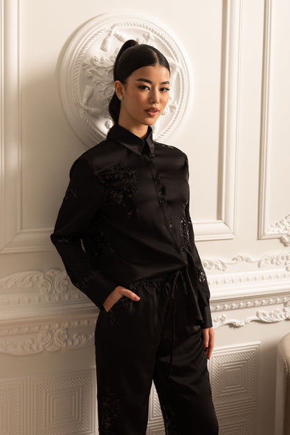 Conjunto de Cetim com Lantejoulas e Camisa de Manga Longa com Calças Coordenadas - Preto