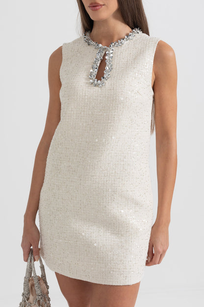 Vestido Mini Texturizado Sem Mangas com Detalhes de Colar Brilhante - Ivoire