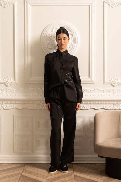 Conjunto de Cetim com Lantejoulas e Camisa de Manga Longa com Calças Coordenadas - Preto