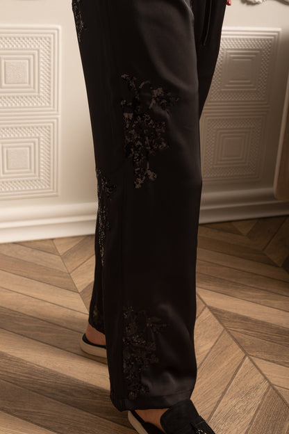 Conjunto de Cetim com Lantejoulas e Camisa de Manga Longa com Calças Coordenadas - Preto