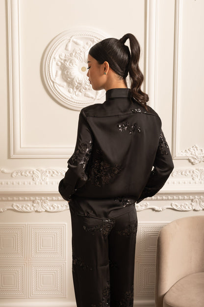 Conjunto de Cetim com Lantejoulas e Camisa de Manga Longa com Calças Coordenadas - Preto