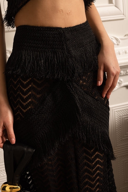 Conjunto Franjado Com Top Crop Sem Mangas E Saia Longa Transparente - Preto