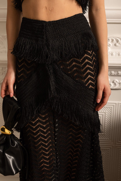 Conjunto Franjado Com Top Crop Sem Mangas E Saia Longa Transparente - Preto