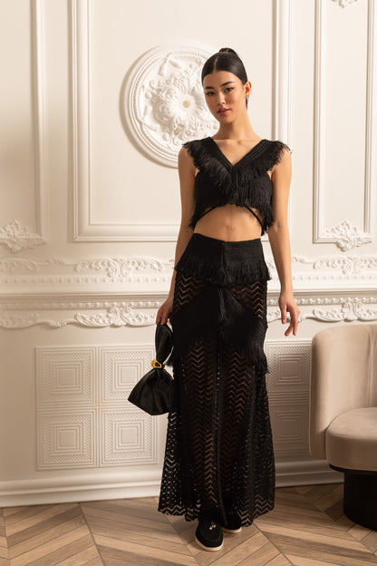 Conjunto Franjado Com Top Crop Sem Mangas E Saia Longa Transparente - Preto