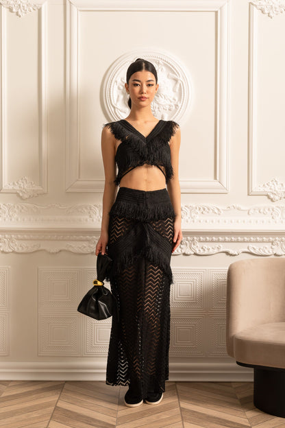 Conjunto Franjado Com Top Crop Sem Mangas E Saia Longa Transparente - Preto