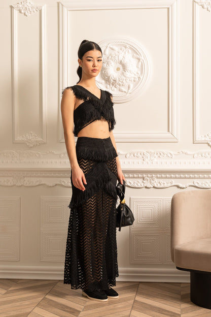 Conjunto Franjado Com Top Crop Sem Mangas E Saia Longa Transparente - Preto