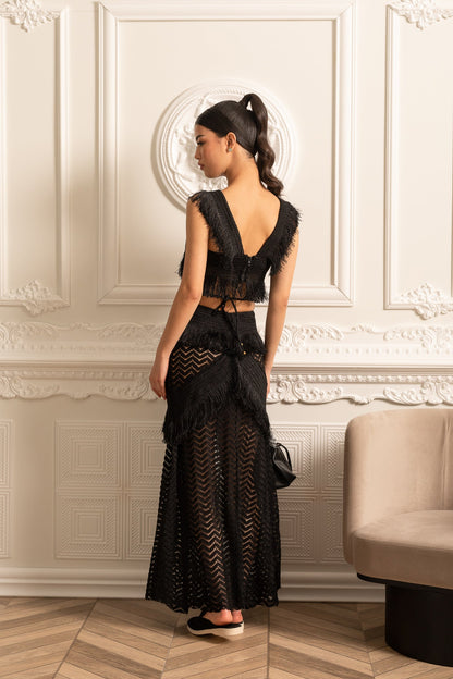 Conjunto Franjado Com Top Crop Sem Mangas E Saia Longa Transparente - Preto