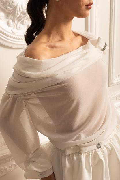 Conjunto Transparente Sem Ombros Com Mangas Compridas E Saia Mini - Branco