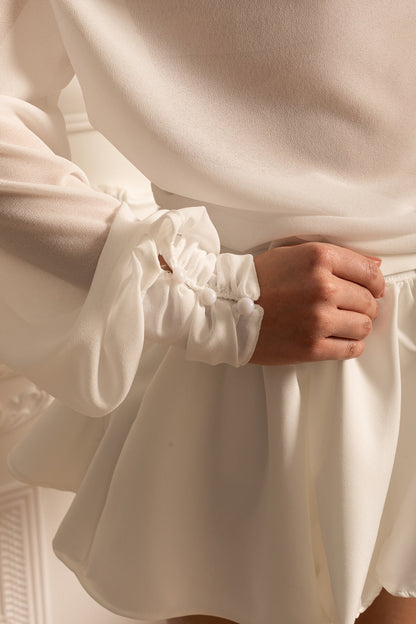 Conjunto Transparente Sem Ombros Com Mangas Compridas E Saia Mini - Branco