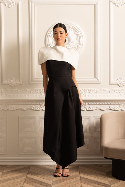 Vestido Assimétrico Elegante Com Capelete Destacável Branco Contrastante - Preto